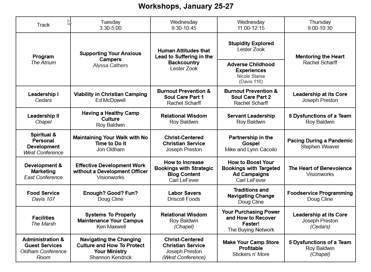 2022 Workshop Grid