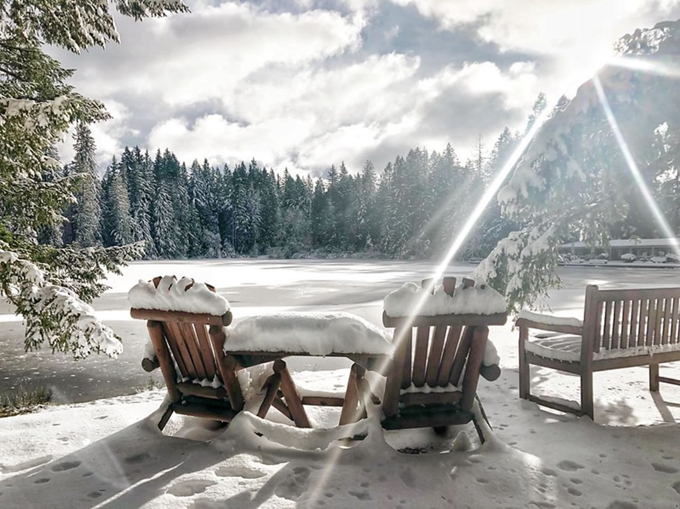 Overlooking a snow-covered lake in the winter